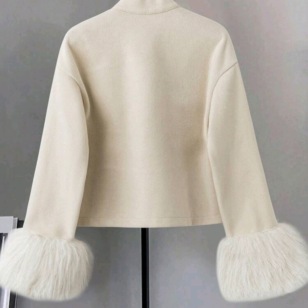 Women Elegant Solid Color Overcoat With Fur Cuff & Bow Decor, Autumn/Winter - Picture 2 of 6